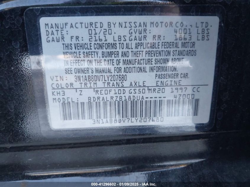 2020 Nissan Sentra Sr Xtronic Cvt VIN: 3N1AB8DV7LY207680 Lot: 41296602