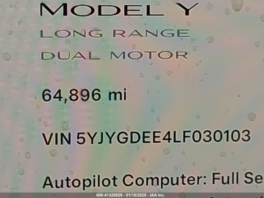 2020 Tesla Model Y Long Range Dual Motor All-Wheel Drive VIN: 5YJYGDEE4LF030103 Lot: 41328929