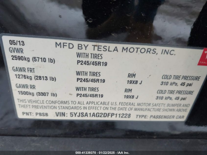 2013 Tesla Model S VIN: 5YJSA1AG2DFP11228 Lot: 41339370