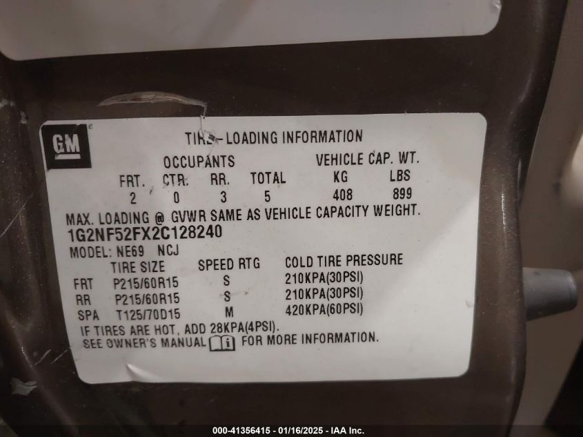 2002 Pontiac Grand Am Se1 VIN: 1G2NF52FX2C128240 Lot: 41356415