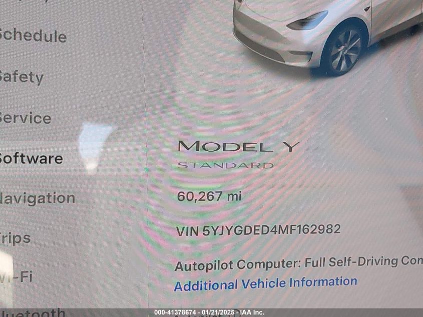 2021 Tesla Model Y Standard Range Rear-Wheel Drive VIN: 5YJYGDED4MF162982 Lot: 41378674