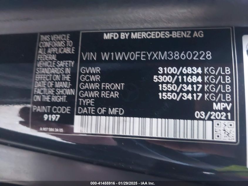 2021 Mercedes-Benz Metris VIN: W1WV0FEYXM3860228 Lot: 41455916