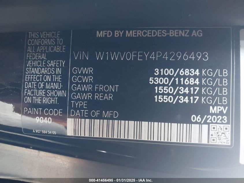 2023 Mercedes-Benz Metris VIN: W1WV0FEY4P4296493 Lot: 41456495