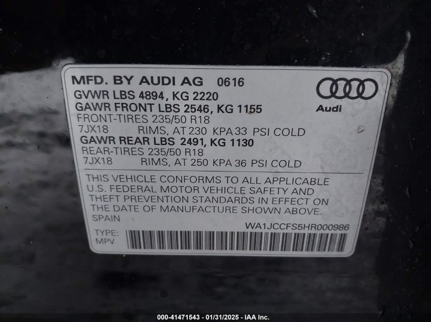 2017 Audi Q3 2.0T Premium VIN: WA1JCCFS5HR000986 Lot: 41471543