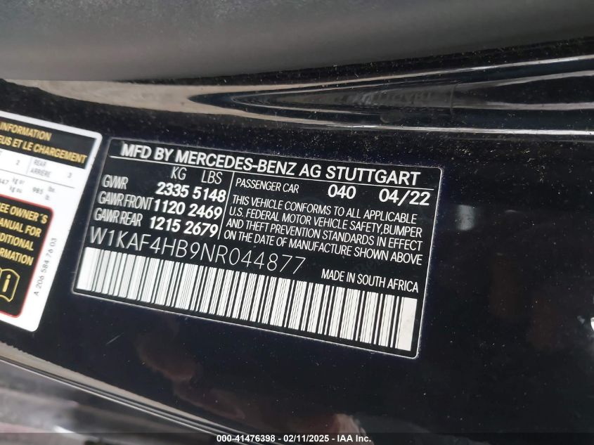 2022 Mercedes-Benz C 300 4Matic VIN: W1KAF4HB9NR044877 Lot: 41476398