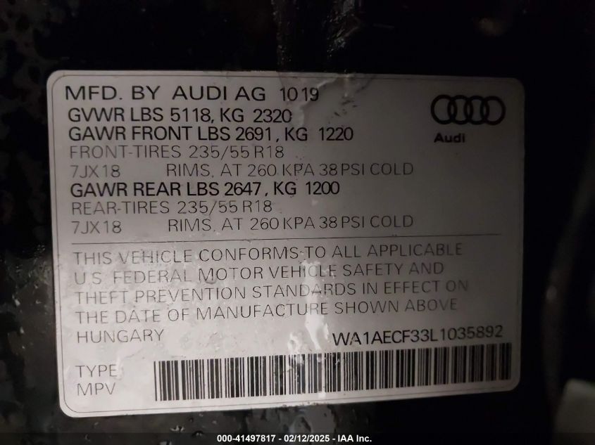 2020 Audi Q3 Premium 45 Tfsi Quattro Tiptronic VIN: WA1AECF33L1035892 Lot: 41497817