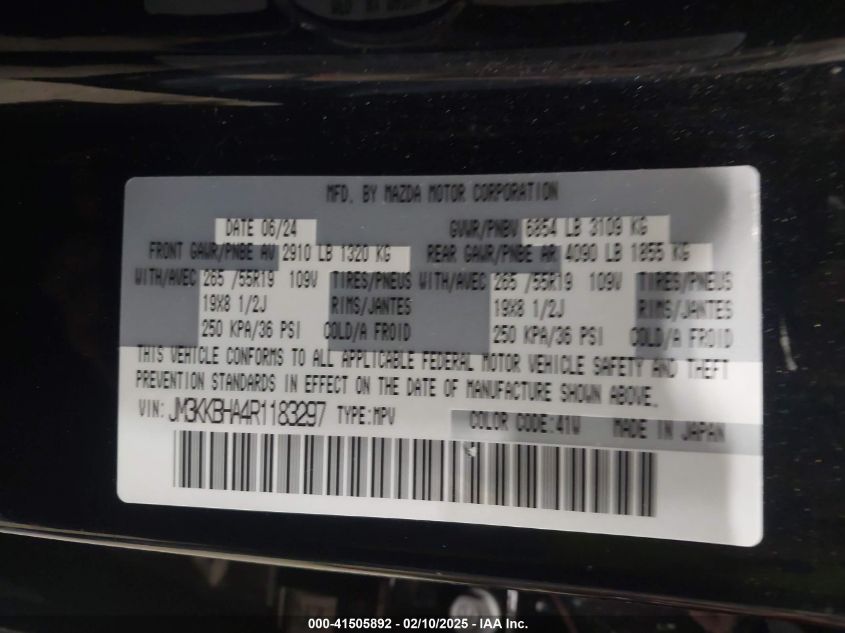 2024 Mazda Cx-90 Phev Preferred VIN: JM3KKBHA4R1183297 Lot: 41505892