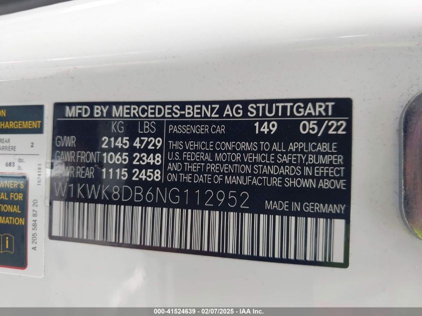 2022 Mercedes-Benz C 300 Cabriolet VIN: W1KWK8DB6NG112952 Lot: 41524639