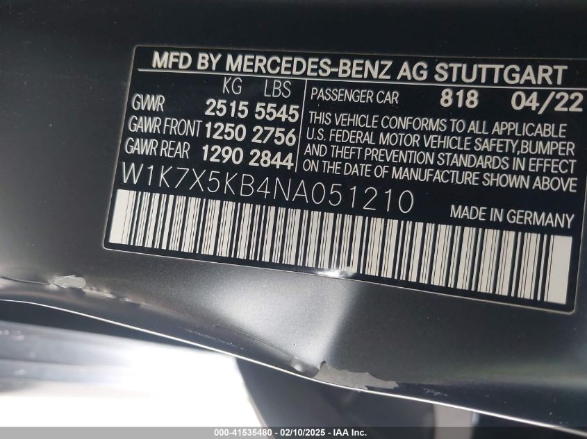 2022 Mercedes-Benz Amg Gt 43 4-Door Coupe VIN: W1K7X5KB4NA051210 Lot: 41535480