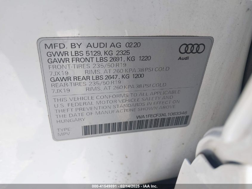 2020 Audi Q3 Prestige 45 Tfsi S Line Quattro Tiptronic VIN: WA1FECF3XL1083346 Lot: 41549891