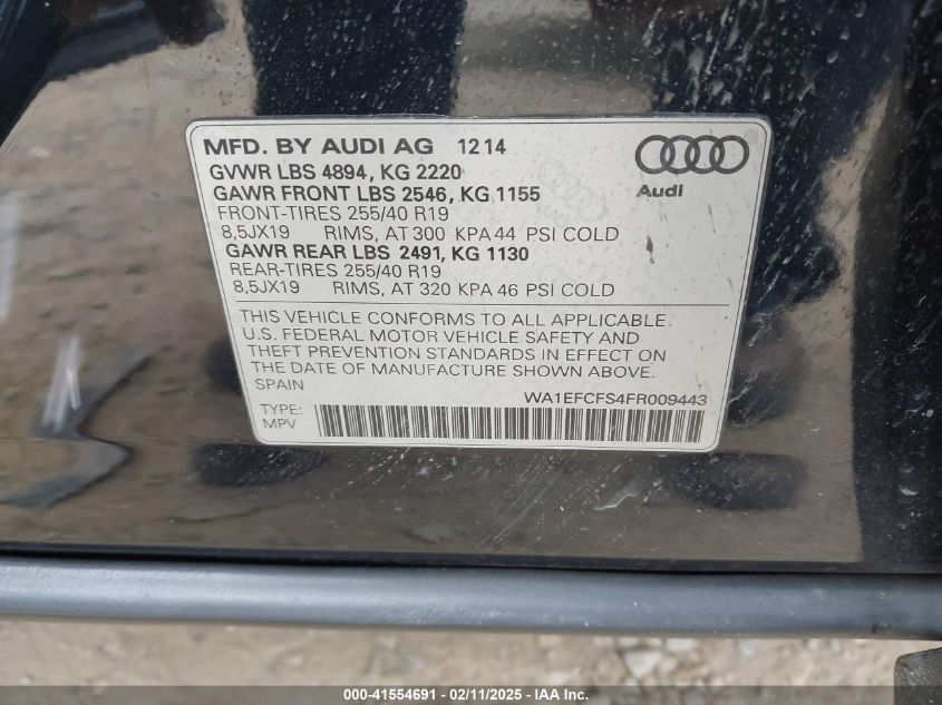 2015 Audi Q3 2.0T Premium Plus VIN: WA1EFCFS4FR009443 Lot: 41554691