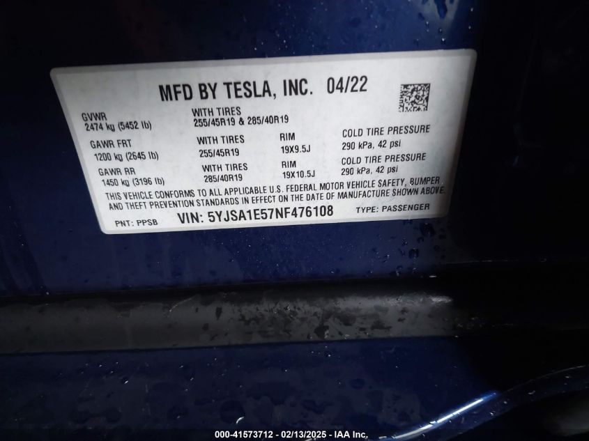 2022 Tesla Model S Dual Motor All-Wheel Drive VIN: 5YJSA1E57NF476108 Lot: 41573712