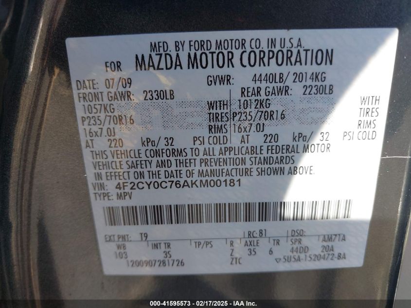 2010 Mazda Tribute I Sport VIN: 4F2CY0C76AKM00181 Lot: 41595573