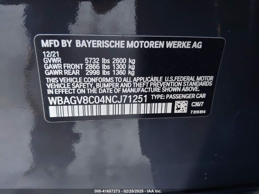 2022 BMW M850I Gtan Coupe xDrive VIN: WBAGV8C04NCJ71251 Lot: 41657273