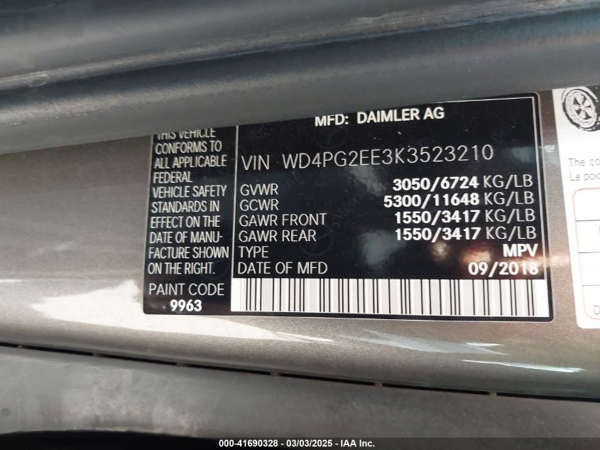 2020 Mercedes-Benz Metris VIN: WD3PG2EAXL3679277 Lot: 41690328