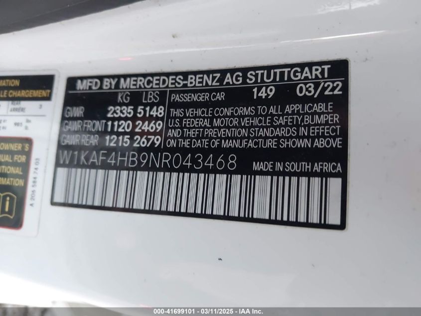 2022 Mercedes-Benz C 300 4Matic VIN: W1KAF4HB9NR043468 Lot: 41699101