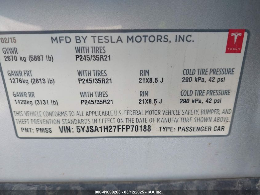 2015 Tesla Model S 70D/85D/P85D VIN: 5YJSA1H27FFP70188 Lot: 41699263