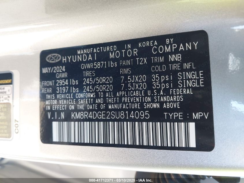 2025 Hyundai Palisade Sel Premium VIN: KM8R4DGE2SU814095 Lot: 41712371