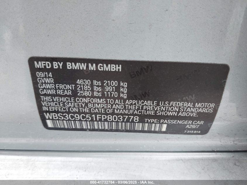 2015 BMW M3 VIN: WBS3C9C51FP803778 Lot: 41732784