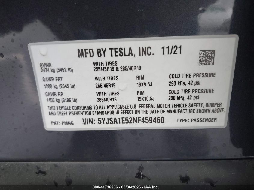 2022 Tesla Model S Dual Motor All-Wheel Drive VIN: 5YJSA1E52NF459460 Lot: 41736236