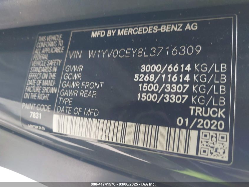 2020 Mercedes-Benz Metris VIN: W1YV0CEY8L3716309 Lot: 41741570