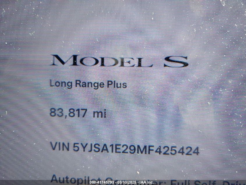 2021 Tesla Model S Long Range Dual Motor All-Wheel Drive/Long Range Plus Dual Motor All-Wheel Drive VIN: 5YJSA1E29MF425424 Lot: 41745793