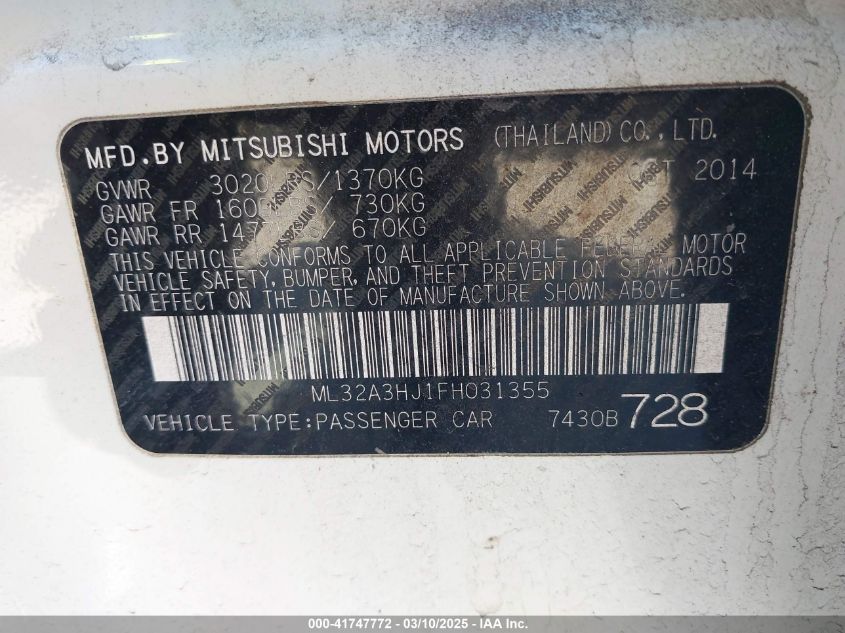 2015 Mitsubishi Mirage De/Rf VIN: ML32A3HJ1FH031355 Lot: 41747772