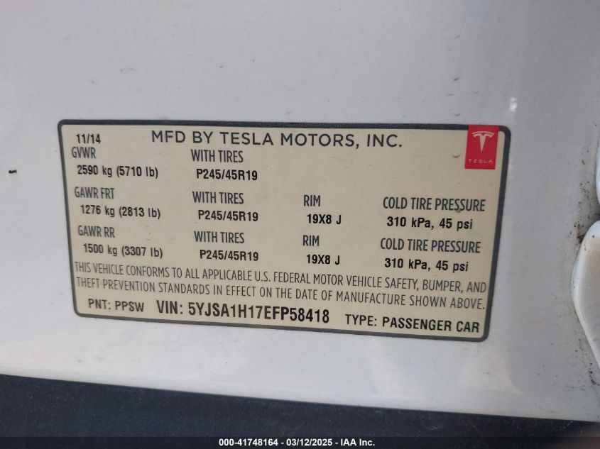 2014 Tesla Model S P85 VIN: 5YJSA1H17EFP58418 Lot: 41748164