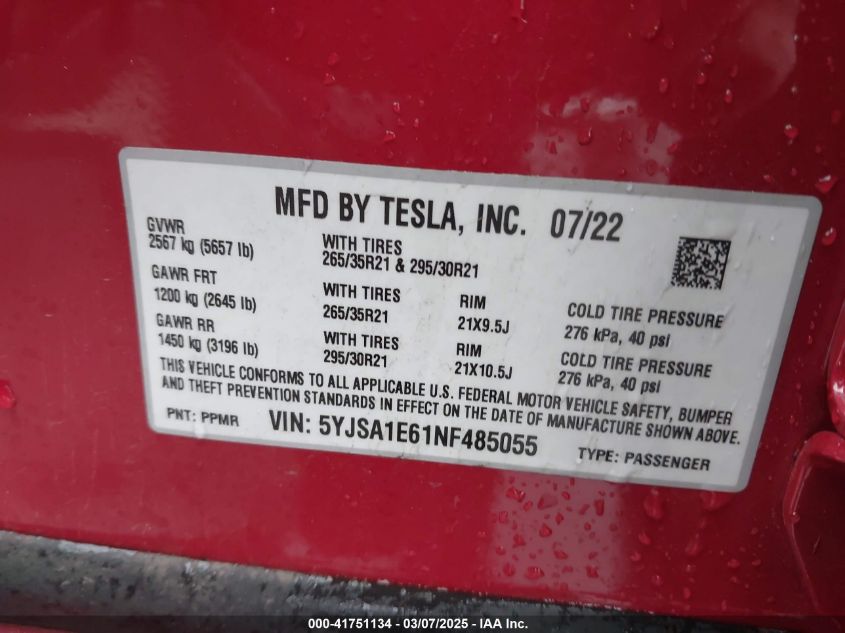 2022 Tesla Model S Plaid Tri Motor All-Wheel Drive VIN: 5YJSA1E61NF485055 Lot: 41751134