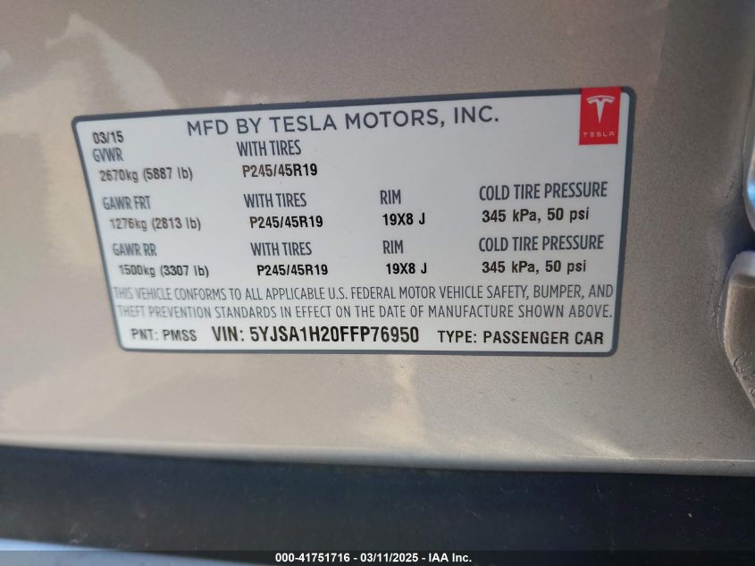 2015 Tesla Model S 70D/85D/P85D VIN: 5YJSA1H20FFP76950 Lot: 41751716