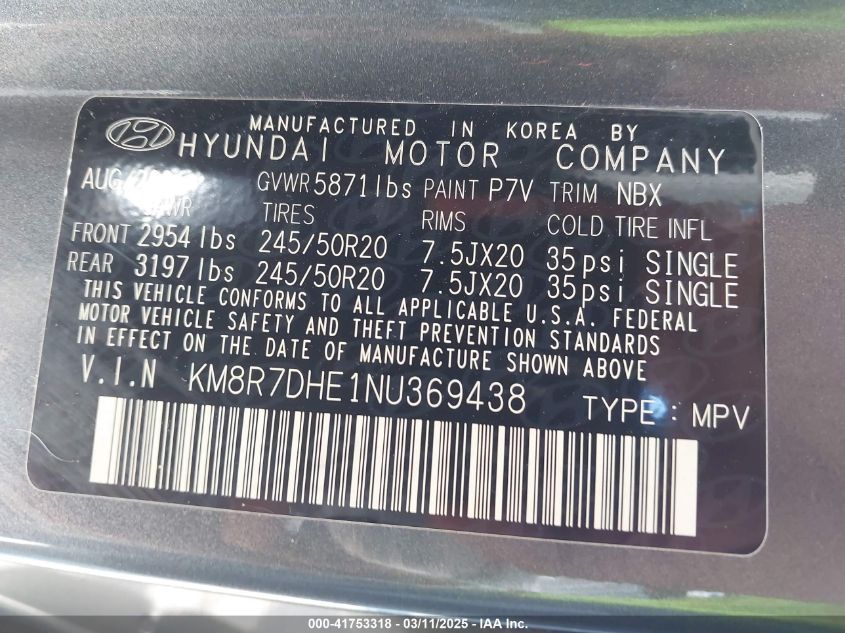 2022 Hyundai Palisade Calligraphy VIN: KM8R7DHE1NU369438 Lot: 41753318