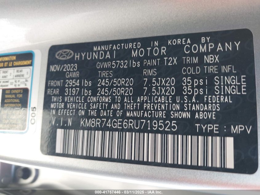 2024 Hyundai Palisade Calligraphy VIN: KM8R74GE6RU719525 Lot: 41757446