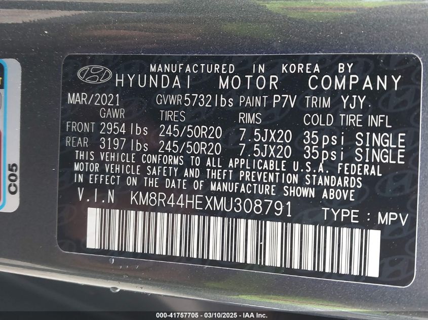 2021 Hyundai Palisade Sel VIN: KM8R44HEXMU308791 Lot: 41757705