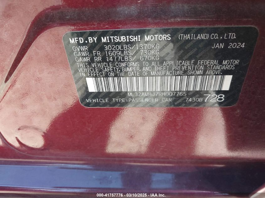 2024 Mitsubishi Mirage Es/Le VIN: ML32AUHJ7RH007765 Lot: 41757776