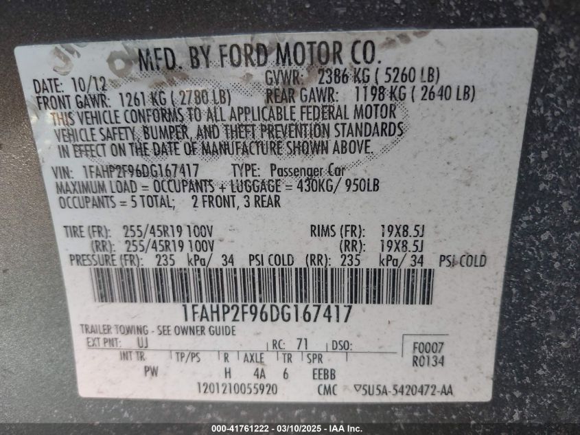 2013 Ford Taurus Limited VIN: 1FAHP2F96DG167417 Lot: 41761222