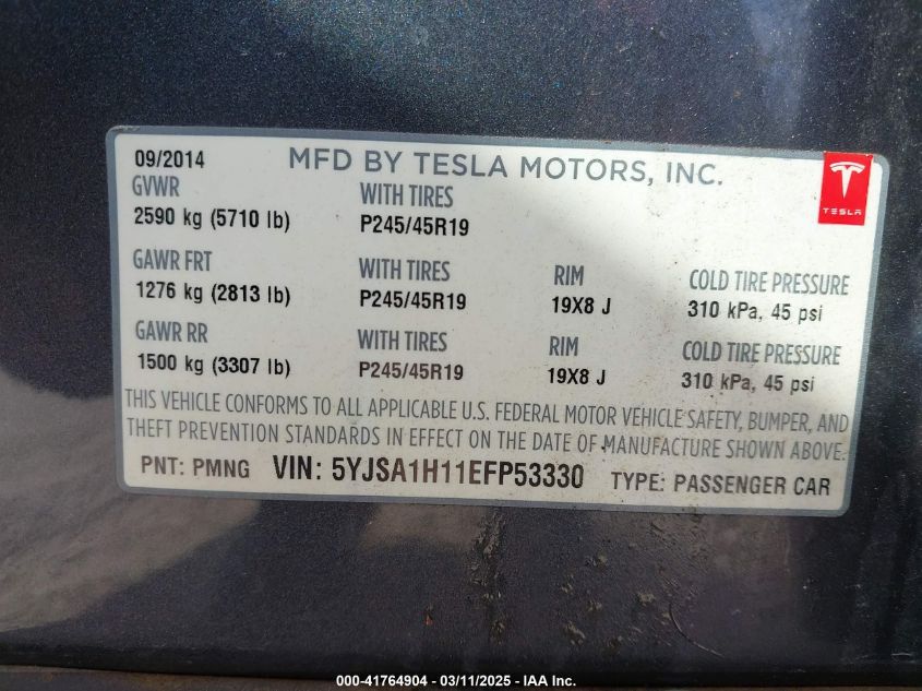 2014 Tesla Model S P85 VIN: 5YJSA1H11EFP53330 Lot: 41764904