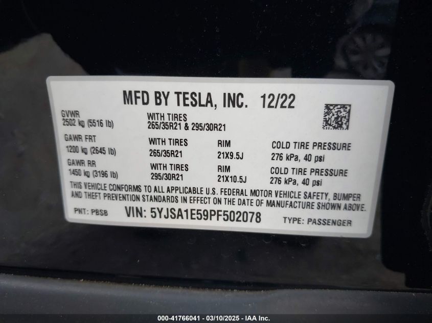 2023 Tesla Model S Dual Motor All-Wheel Drive/Standard Range VIN: 5YJSA1E59PF502078 Lot: 41766041