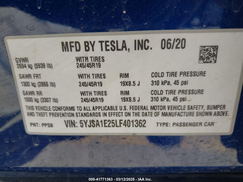 2020 Tesla Model S Long Range Dual Motor All-Wheel Drive/Long Range Plus Dual Motor All-Wheel Drive VIN: 5YJSA1E25LF401362 Lot: 41771363