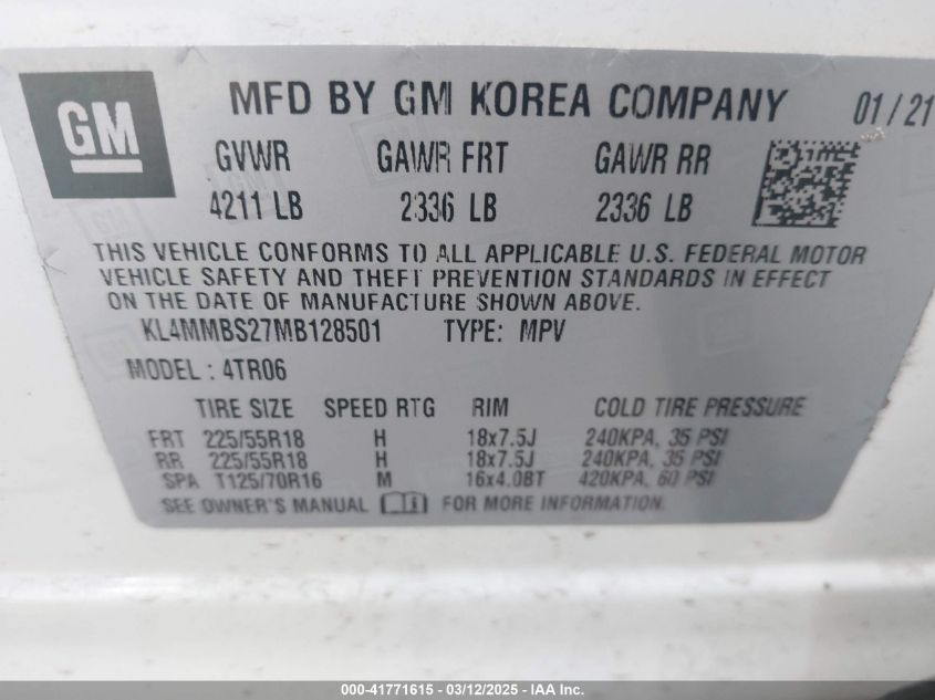 2021 Buick Encore Gx Fwd Preferred VIN: KL4MMBS27MB128501 Lot: 41771615