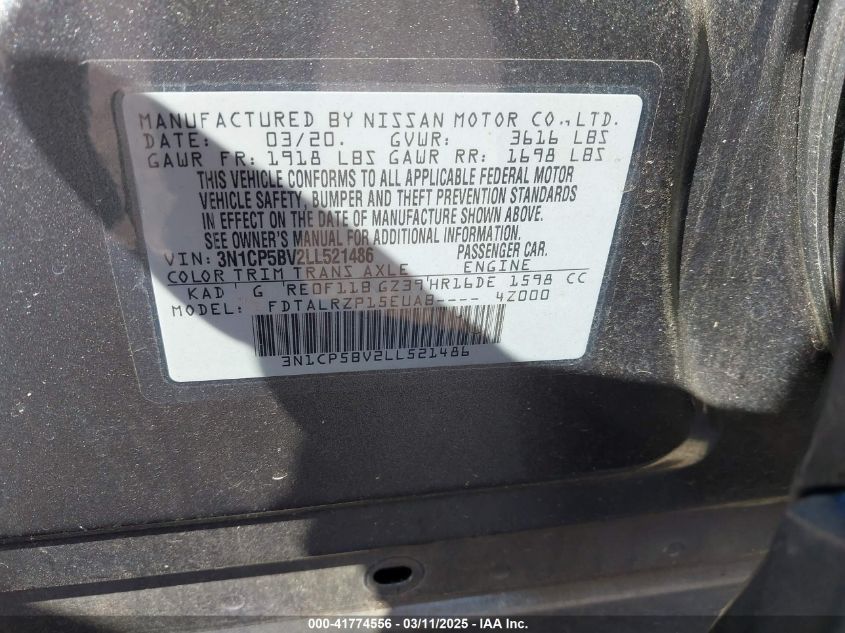 2020 Nissan Kicks S Xtronic Cvt VIN: 3N1CP5BV2LL521486 Lot: 41774556