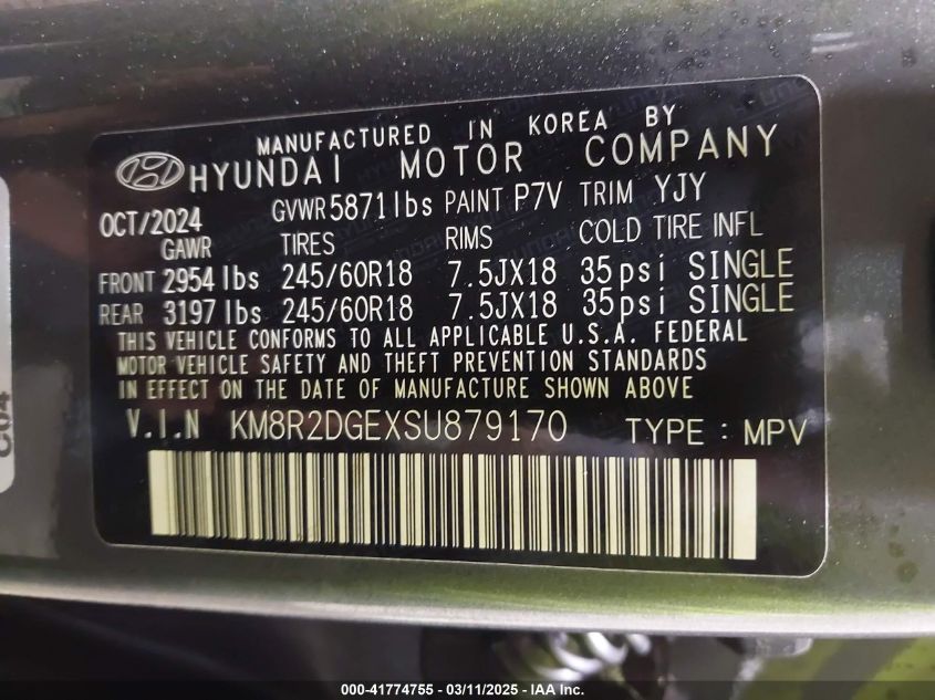 2025 Hyundai Palisade Sel VIN: KM8R2DGEXSU879170 Lot: 41774755