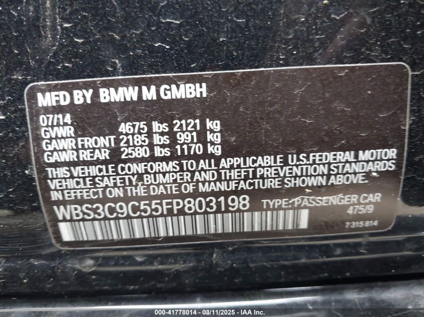 2015 BMW M3 VIN: WBS3C9C55FP803198 Lot: 41778014