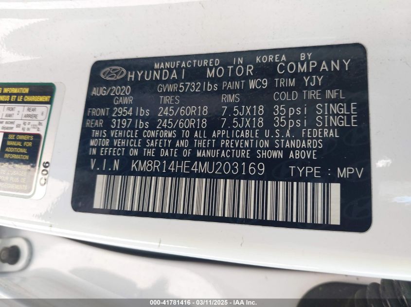 2021 Hyundai Palisade Se VIN: KM8R14HE4MU203169 Lot: 41781416