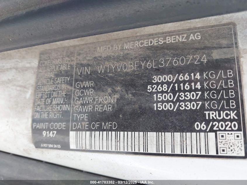 2020 Mercedes-Benz Metris VIN: W1YV0BEY6L3760724 Lot: 41783352