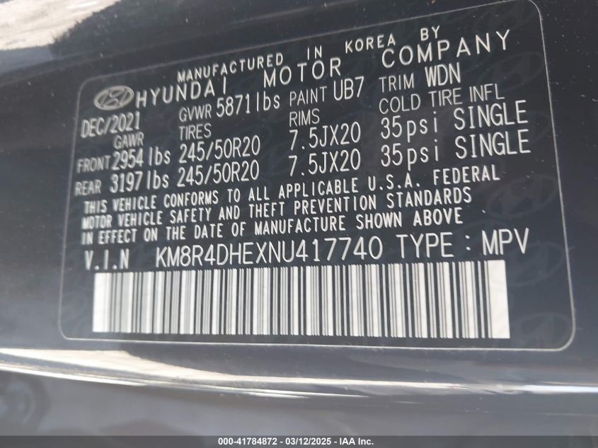 2022 Hyundai Palisade Sel VIN: KM8R4DHEXNU417740 Lot: 41784872