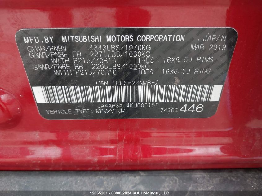 2019 Mitsubishi Rvr Se/Es VIN: JA4AH3AU4KU605158 Lot: 12065201