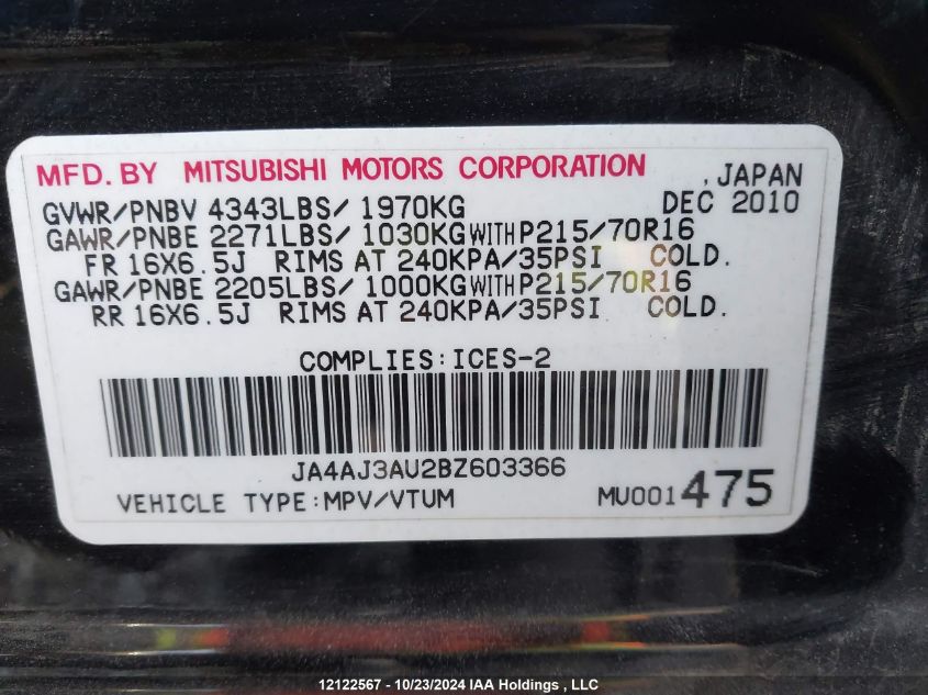 2011 Mitsubishi Rvr VIN: JA4AJ3AU2BZ603366 Lot: 12122567