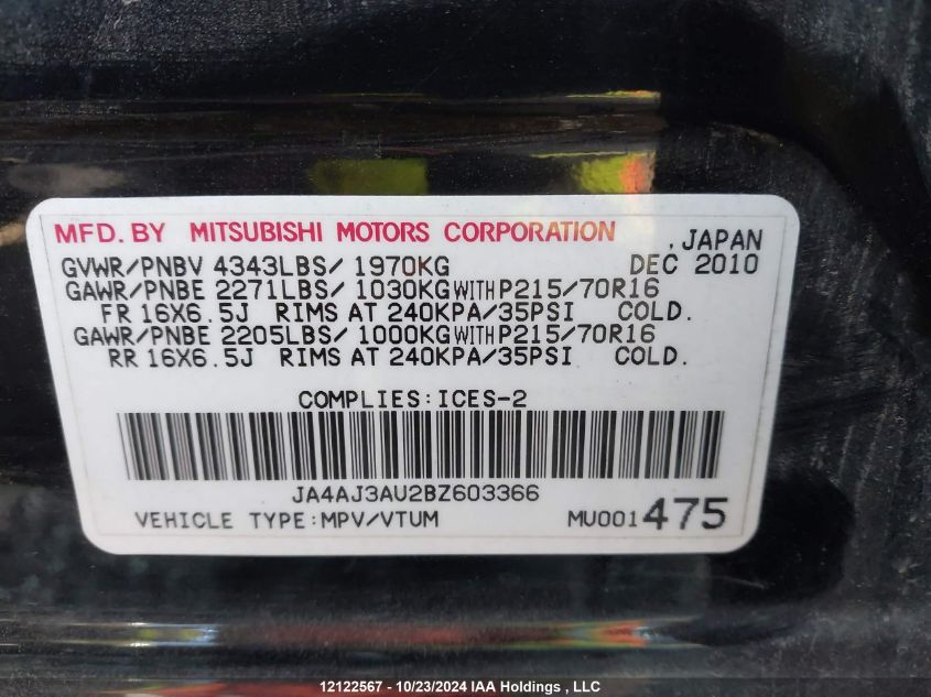 2011 Mitsubishi Rvr VIN: JA4AJ3AU2BZ603366 Lot: 12122567