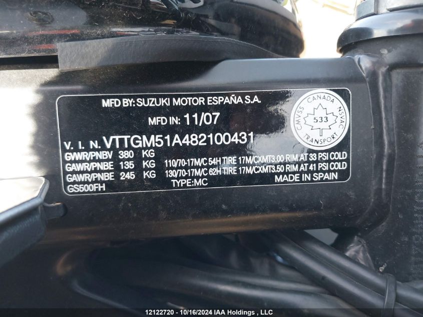 2008 Suzuki Gs500 VIN: VTTGM51A482100431 Lot: 12122720