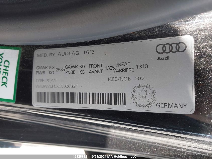 2014 Audi S7 VIN: WAUW2CFCXEN006838 Lot: 12128632